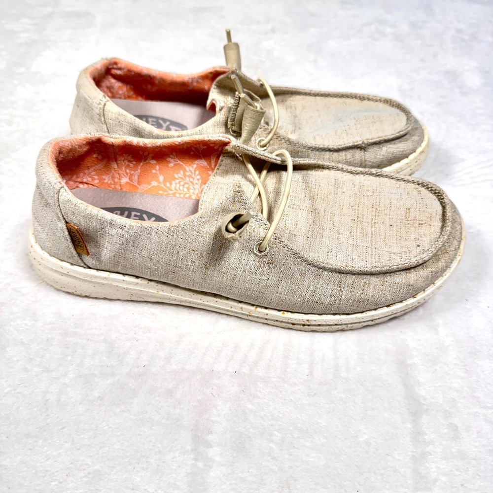 Hey Dude Wendy Chambray White Nut Casual Shoes Women's US 7 Moc Toe